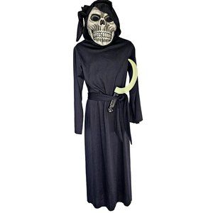 Black Hooded Robe Skeleton Mask Glow in Dark Sickle Grim Reaper Death Costume